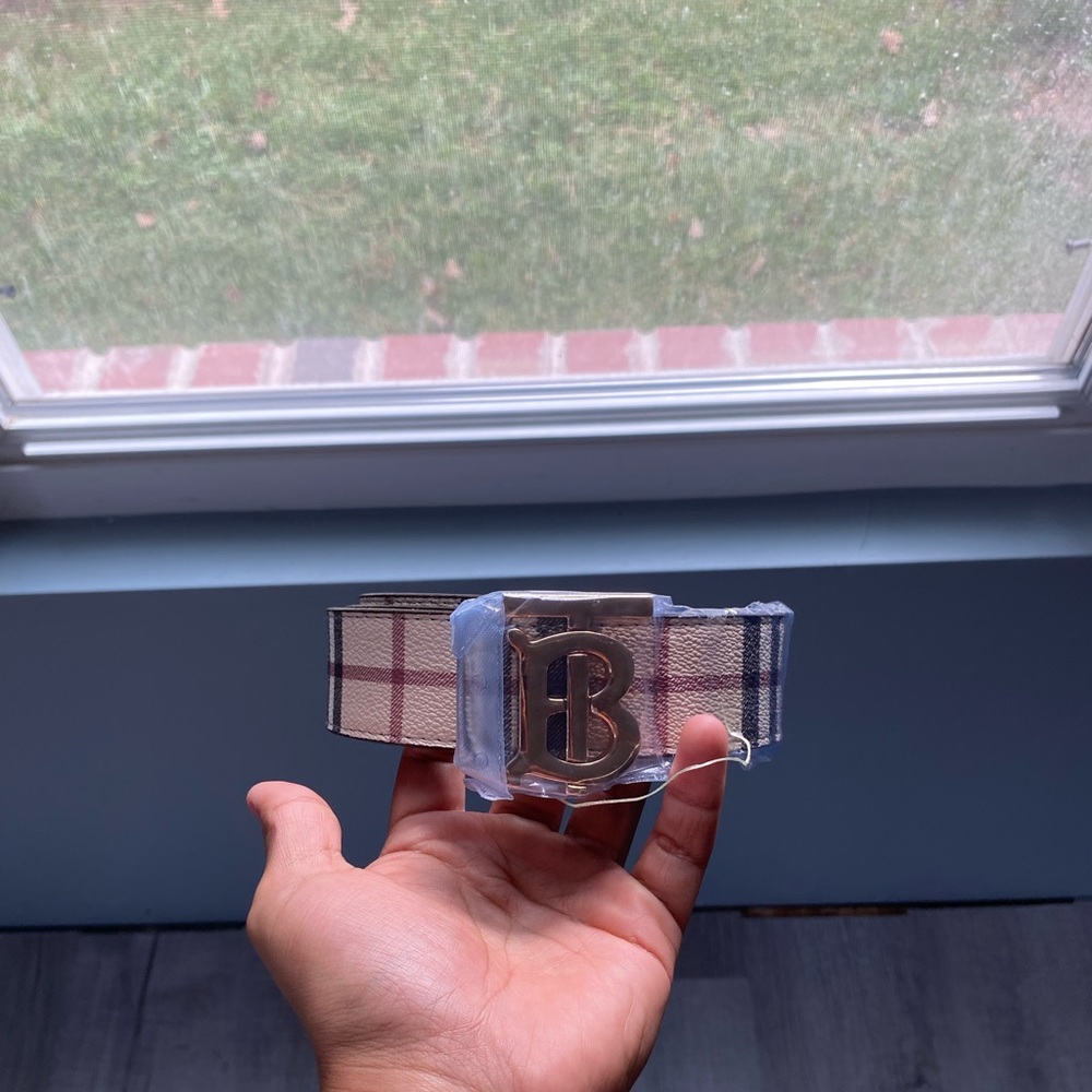 Beige Plaid Belt with Gold Buckle